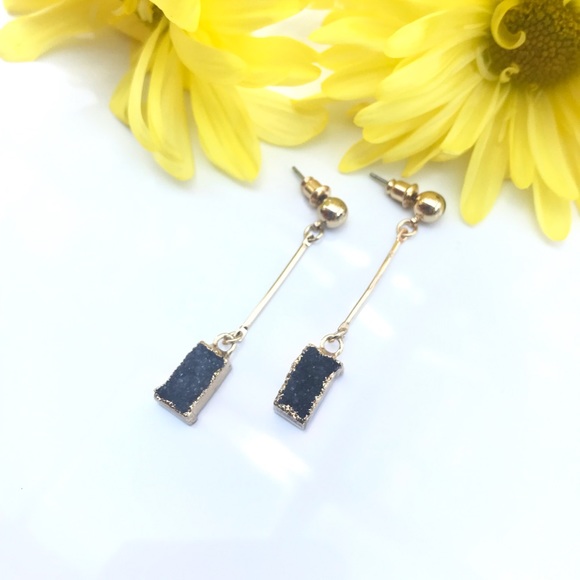 Gold With Black Druzy Stone Dangle Earrings - Picture 4 of 7